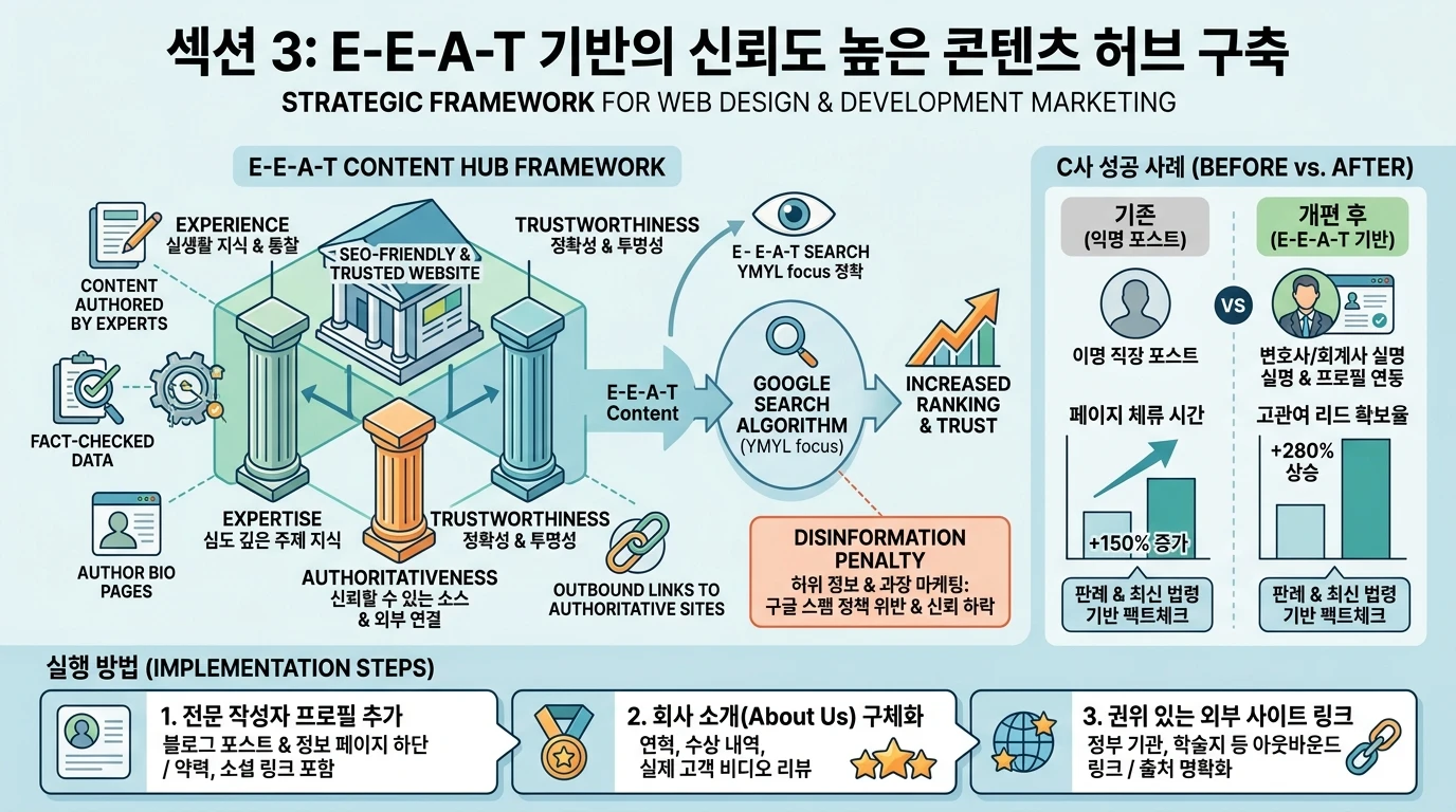웹사이트 리뉴얼 구조와 AI 검색 최적화 점검 화면을 함께 보여주는 웹 개발 전략 이미지
