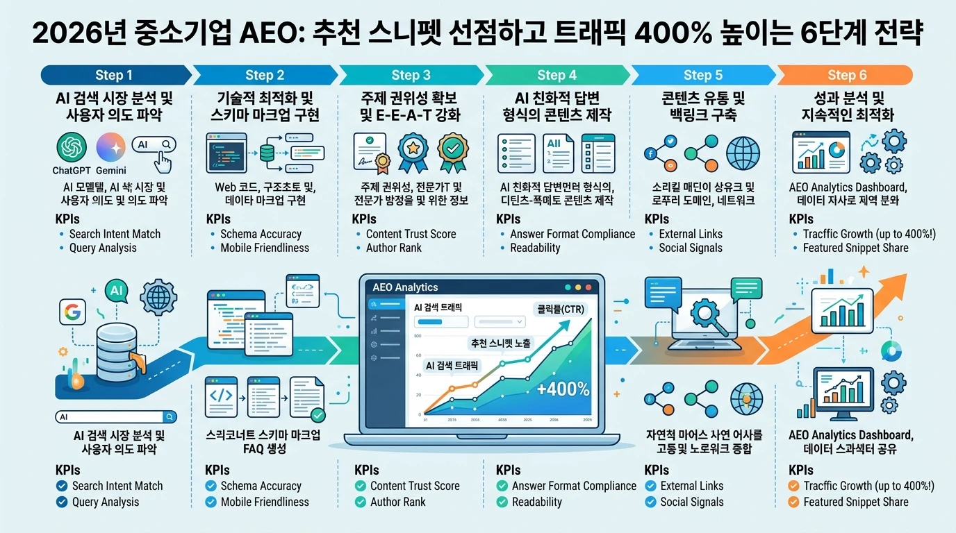 2026년 중소기업 AEO: 추천 스니펫 선점하고 트래픽 개선하는 6단계 전략 대표 이미지