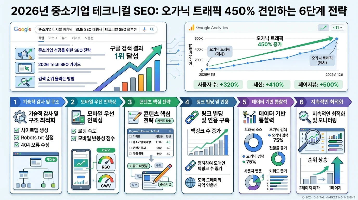 2026년 중소기업 테크니컬 SEO: 오가닉 트래픽 개선하는 6단계 전략 대표 이미지