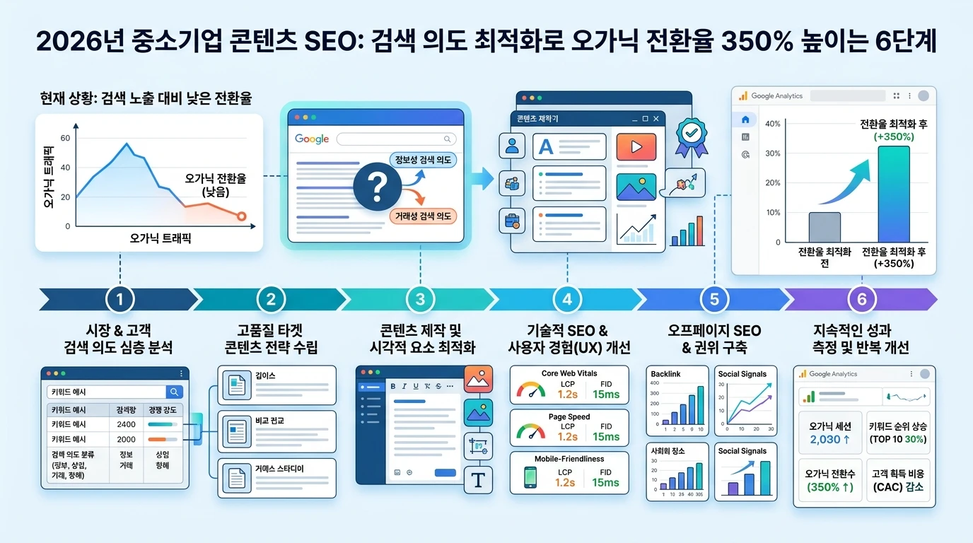 2026년 중소기업 콘텐츠 SEO: 검색 의도 최적화로 오가닉 전환율 개선하는 6단계 대표 이미지